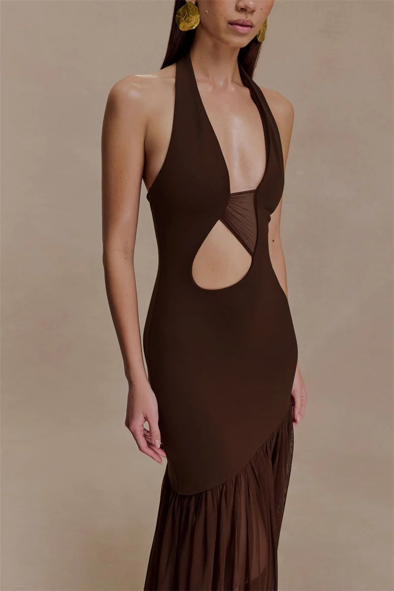 Maelisse Cut Out Halter Neck Maxi Dress – Elegant Evening Gown with Sheer Asymmetric Skirt