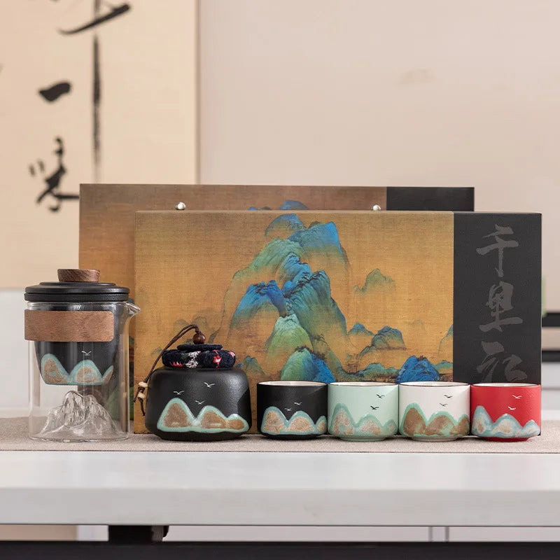 Hand-Painted Mountain Ceramic Tea Set with Tea Holder – 6-Piece Teapot & Four Cups Gift Box
