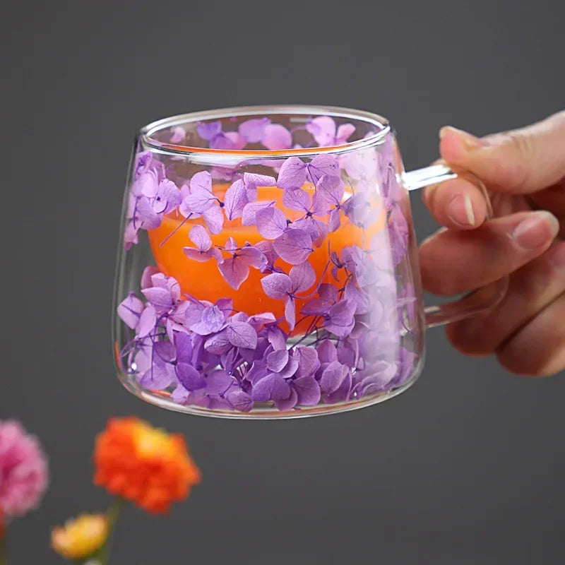 Bloom Infusion Double Wall Glass Mug – Clear Floral Tea & Coffee Cup with Floating Pink, Purple, Blue Flower Design