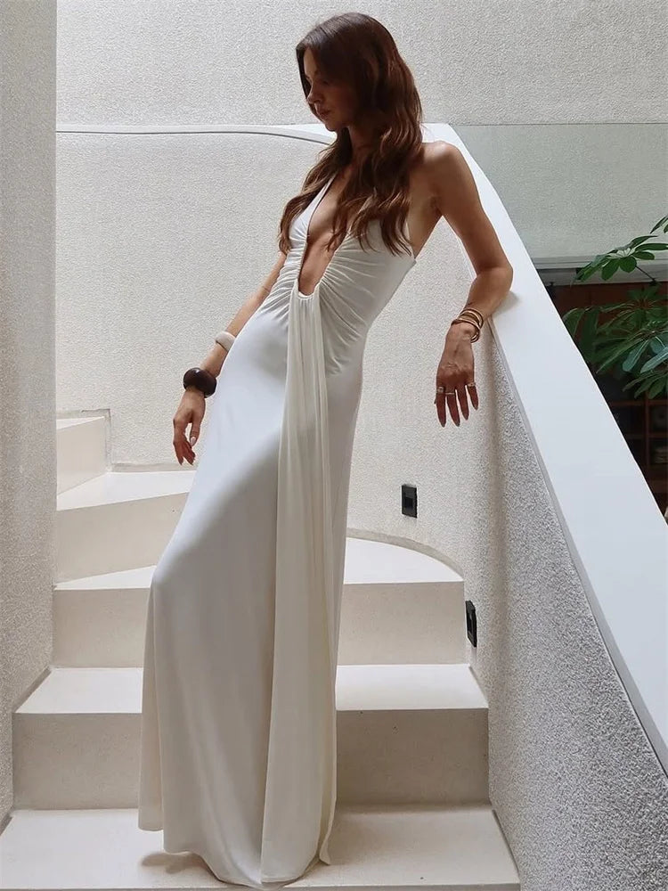 Savina Halterneck Plunge Ruched Maxi Dress – White, Chocolate Brown, Lilac, Silver & Black Summer Occasion Dress