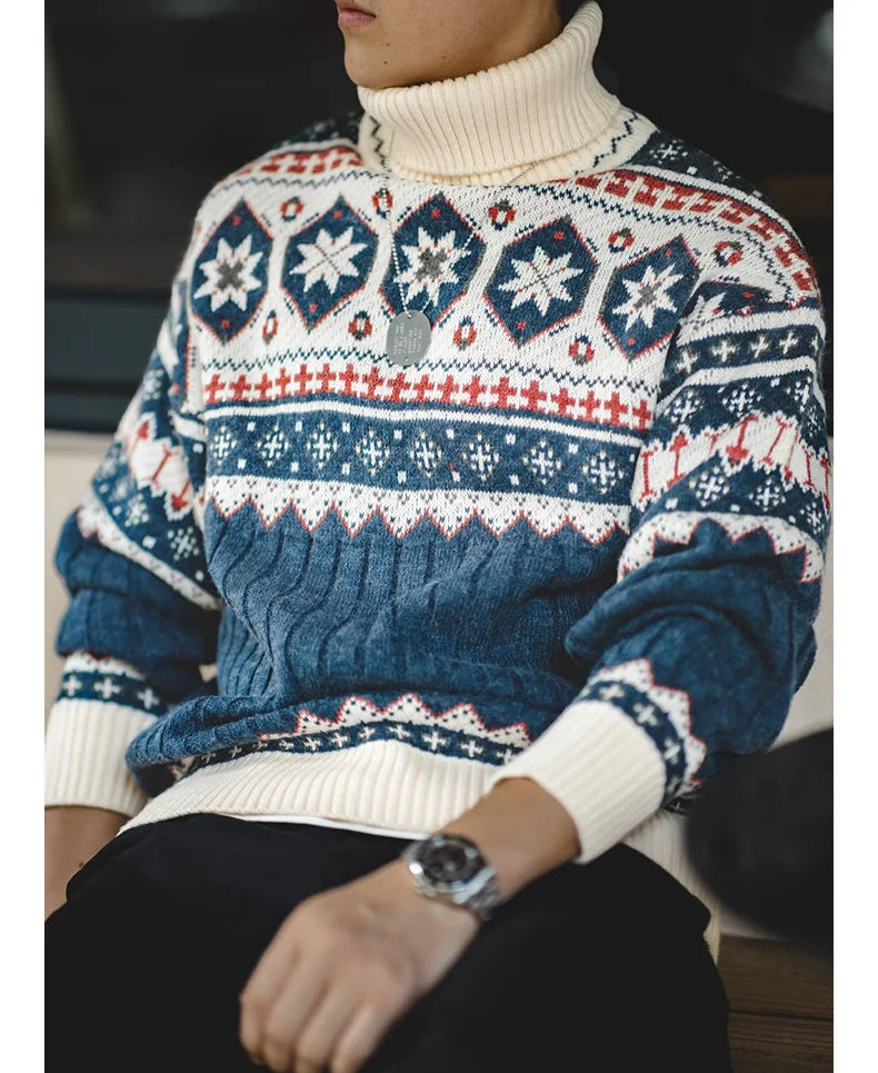 Men's Fair Isle Knit Polo Neck Jumper – Nordic Ribbed Pullover Winter Knitwear for Men