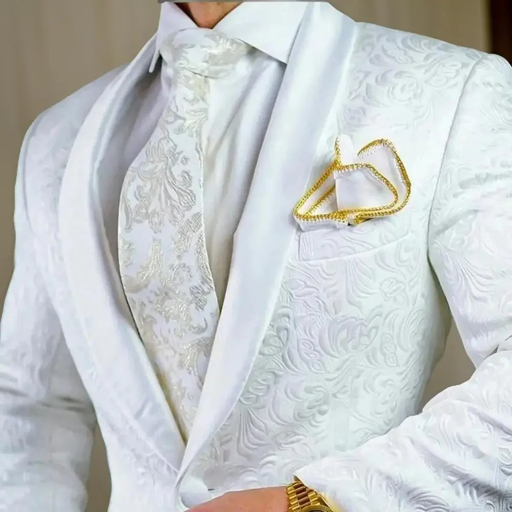 Braxford Men’s White Jacquard Shawl Lapel Blazer – Slim Fit Wedding Evening Tuxedo Jacket