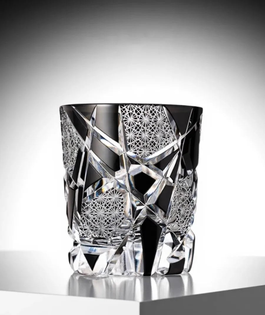 Kurogane Black Cut Glass Whisky Tumbler 250ml with Wooden Gift Box