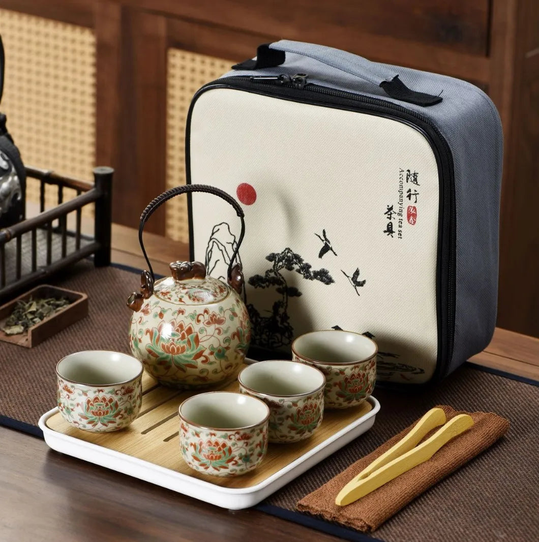 Willow Grove Travel Tea Set Collection – Ceramic Teapot and 4 Teacups Portable Tea Set with Case for Home, Gift and Outdoor Use