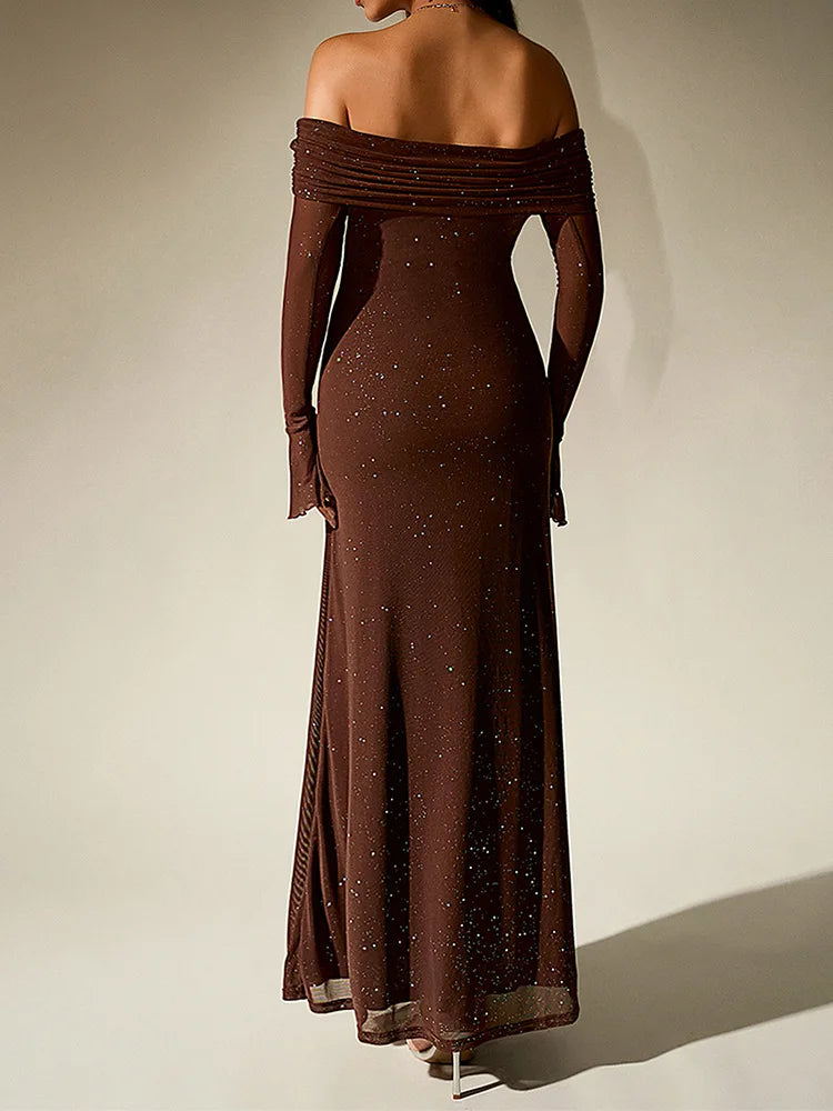 Aurevielle Off Shoulder Glitter Mesh Maxi Dress – Long Sleeve Bodycon Evening, Party & Wedding Guest Gown