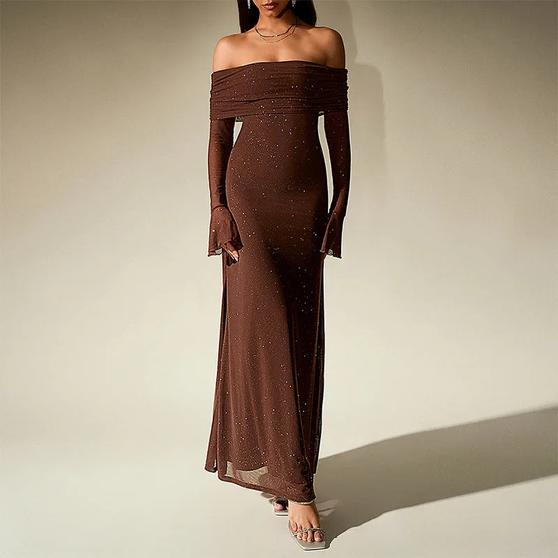 Aurevielle Off Shoulder Glitter Mesh Maxi Dress – Long Sleeve Bodycon Evening, Party & Wedding Guest Gown