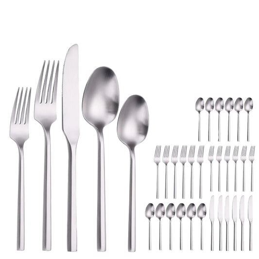Stainless Steel Mirror / Matte Cutlery Set – 6/16/20 Piece Silver Flatware with Dinner Knives, Forks, Spoons & Dessert Utensils