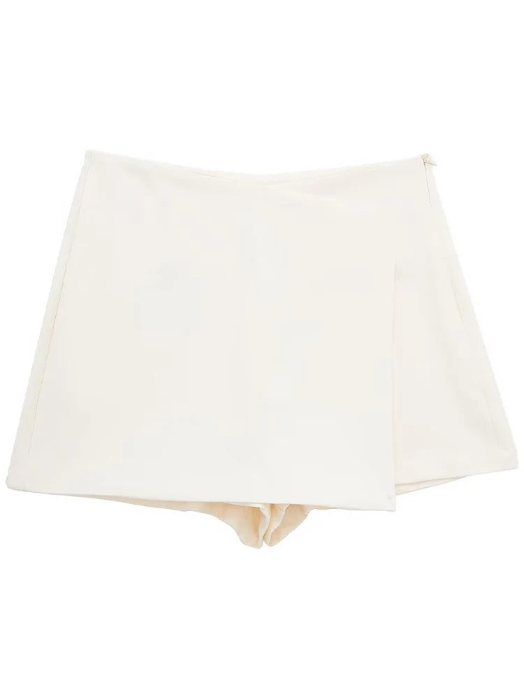 Sorlette Asymmetric Wrap Skort – High Waist Mini Skirt Shorts for Women in Cream, Blue, Black, Brown & Purple
