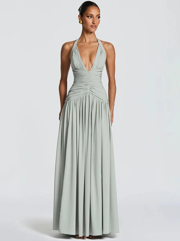 Elira Halter Neck Maxi Dress – Deep V Backless Evening Gown, Ruched High Split Wedding Guest Dress & Partywear