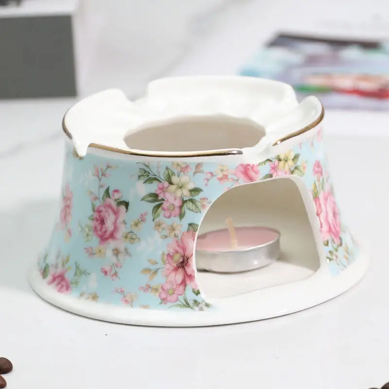 English Garden Ceramic Teapot with Candle Warmer – Vintage Floral Afternoon Tea Pot