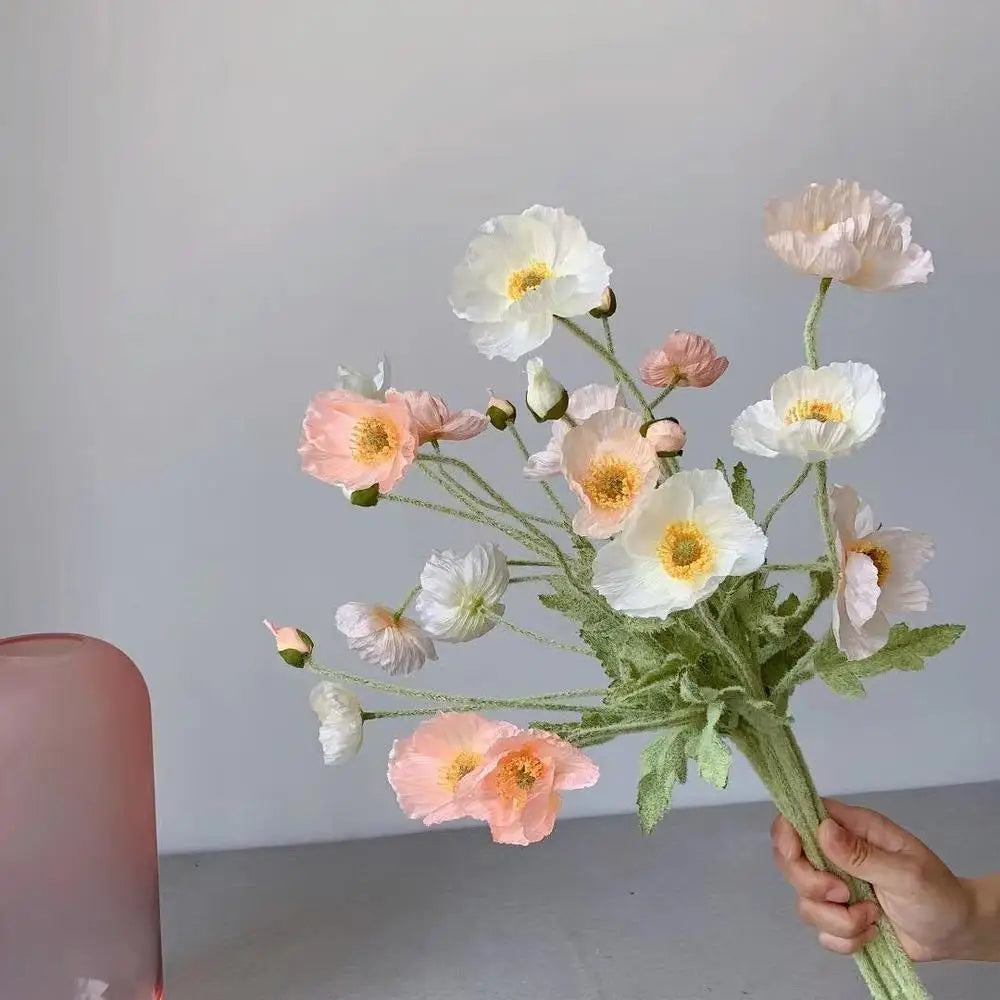 Meadow Poppy Stem Bundle – Silk Poppy Flower Stem with 3 Blooms and 1 Bud for Vase Arrangements and Home Styling