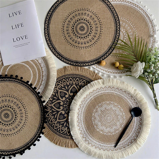 Boho Jute Round Placemats with Tassels – 38cm Natural Woven Table Mats for Rustic Dining & Home Decor
