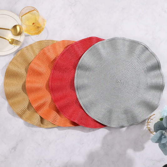 Braided Scallop Edge Placemats – Set of 6 Round 38cm Non-Slip Table Mats with Ripple Design for Dining Decor