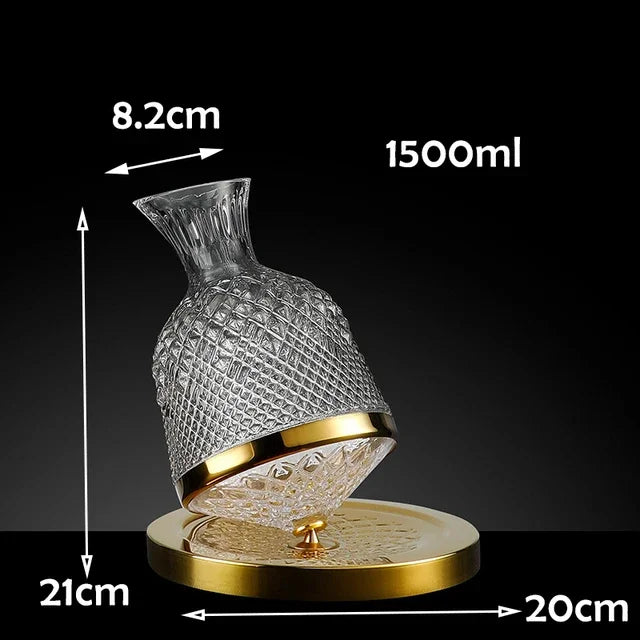 Rotating Crystal Whiskey Decanter with Gold/ Silver Base – 1.5L, Luxury Glass Liquor Carafe for Home Bar