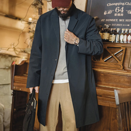 Arleston Single-Breasted Overcoat – Men’s Long Navy Jacket with Lapel Collar & Pockets