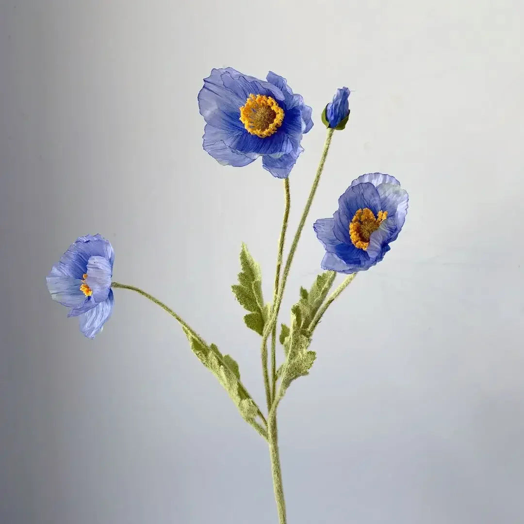 Meadow Poppy Stem Bundle – Silk Poppy Flower Stem with 3 Blooms and 1 Bud for Vase Arrangements and Home Styling