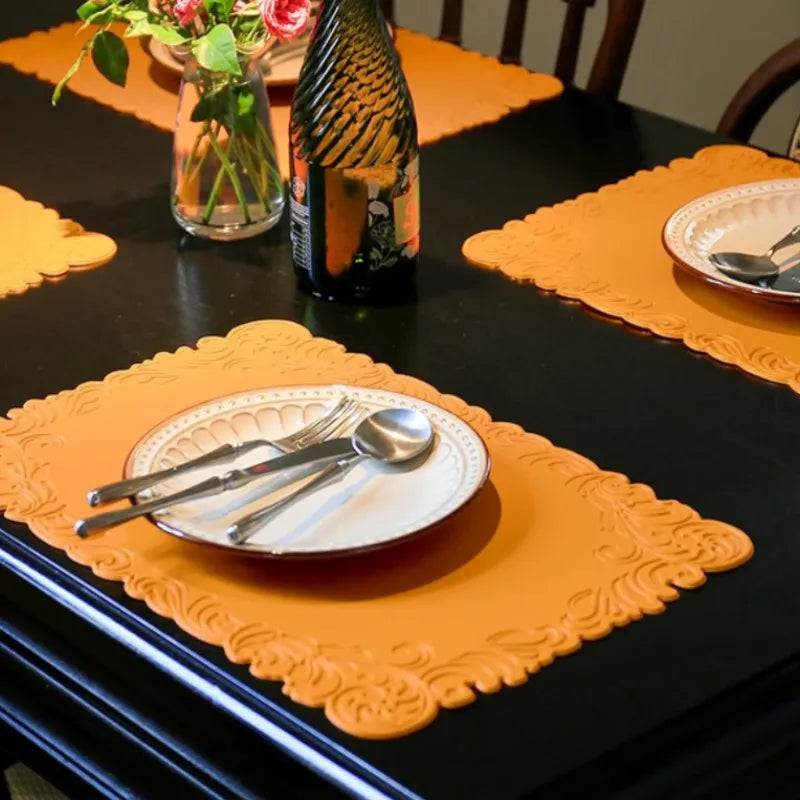 Verra Faux Leather Table Mats – Decorative Edge Non Slip Washable Dining Table Mats Set