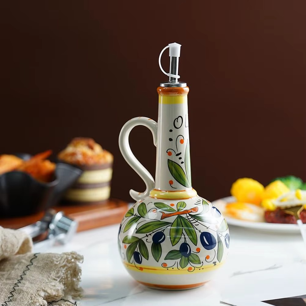 Sorrento Ceramic Olive Oil or Vinegar Bottle – Hand-Painted Mediterranean Lemon Cruet with Pourer