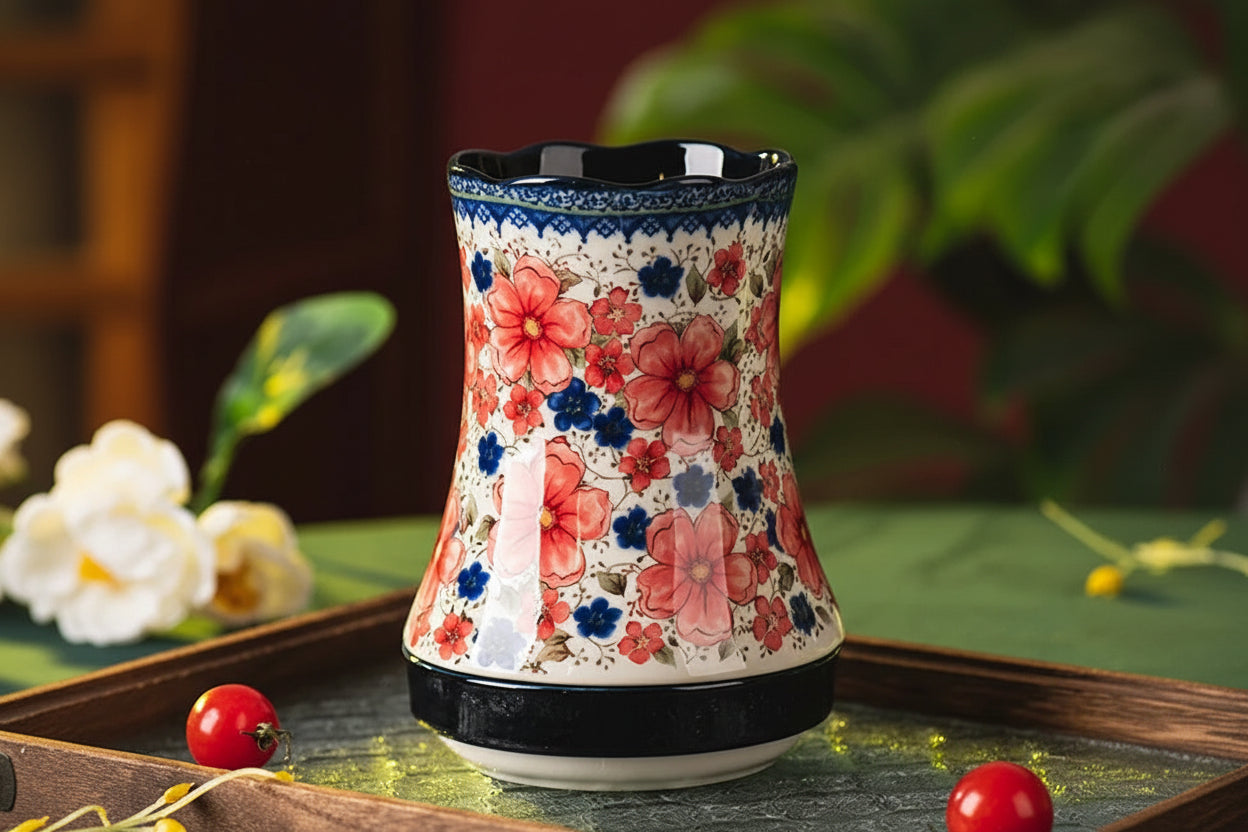 Floria Ceramic Utensil Holder – Floral Kitchen Utensil Caddy with Drain Base, Cutlery Holder, Spoon Fork Storage Organiser