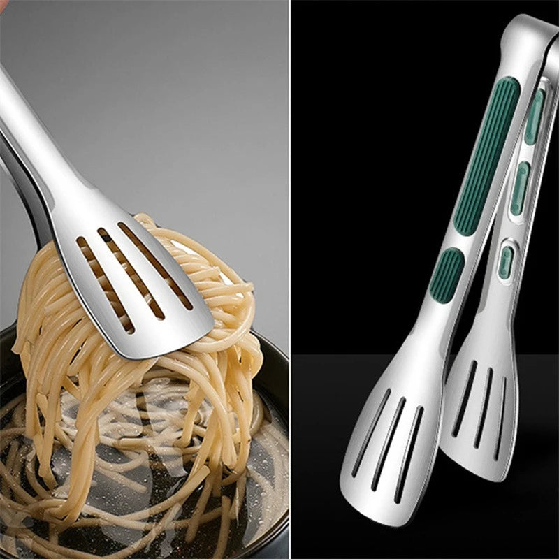 Stainless Steel BBQ Tongs With Green Wide Grip Handle – Non-Slip Kitchen & Grill Food Turner Clip