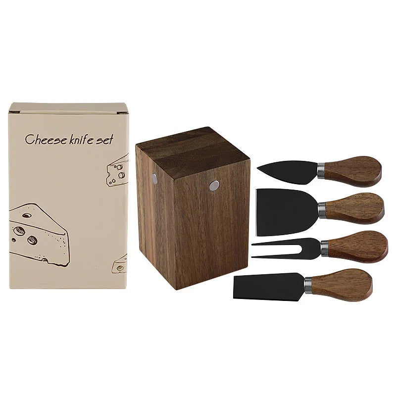 Acacia Wood Magnetic Cheese Knife Set – 5-Piece Stainless Steel Cheese Knives with Wooden Block Holder