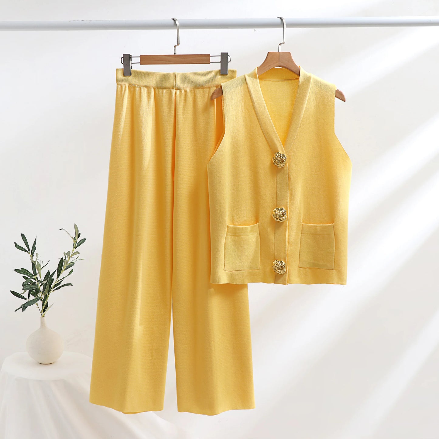 Solvaira Gold Button Knit Co-Ord Set – Sleeveless Knit Two Piece with Wide Leg Trousers for Summer & Holiday Outfits