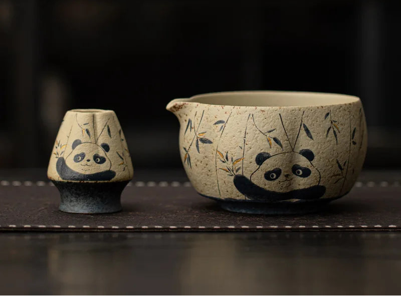 Bamboo Grove Ceramic Tea & Coffee Gift Set – 2, 4, & 8 - Piece Complete Home Tea Kit with Panda & Flower Design Bowl, Whisk and Scoop