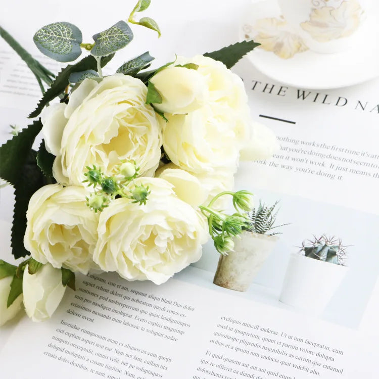 Peonelle Silk Peony Flower Bundle – 5 Head Faux Peony Stem with Buds Decorative Floral Arrangement