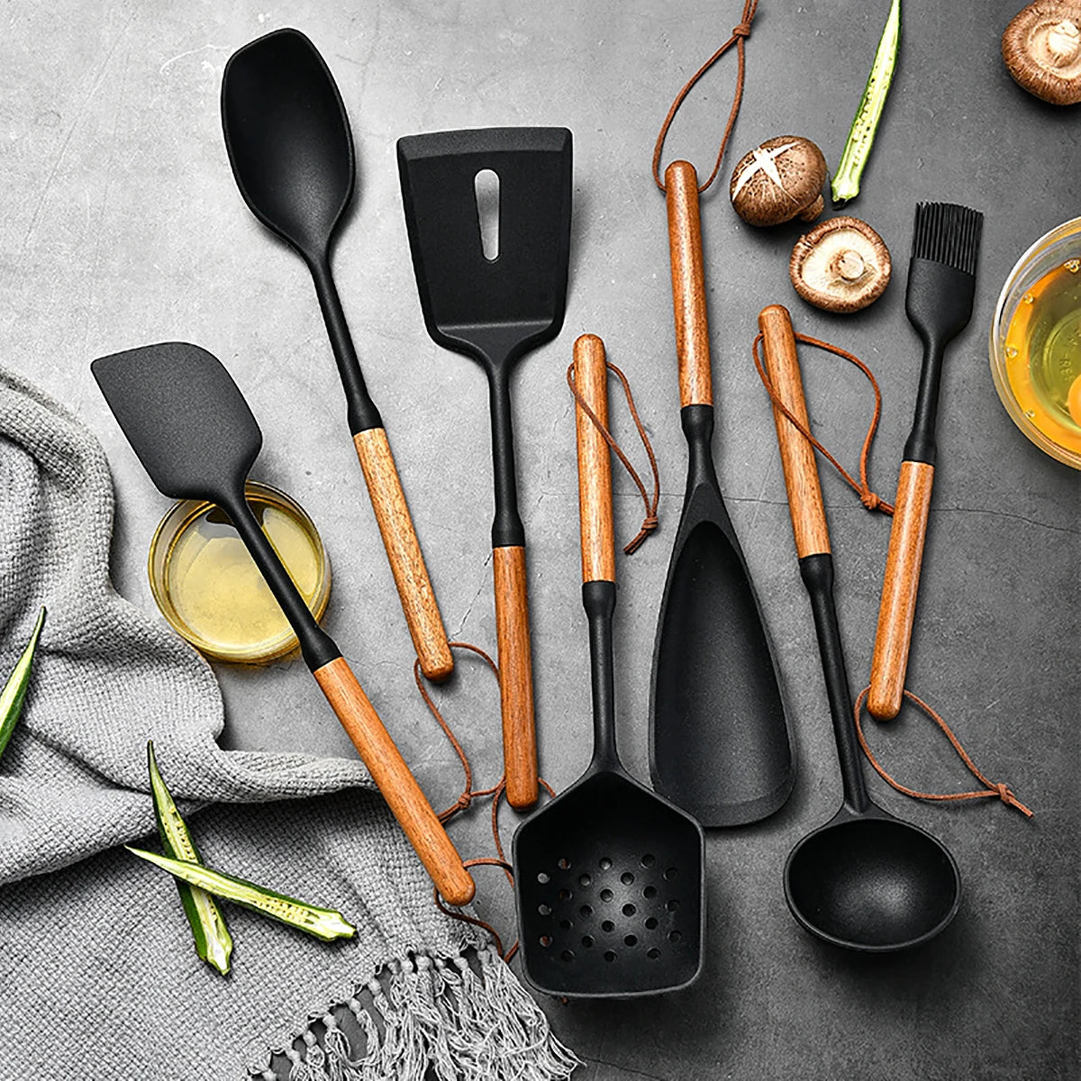 7-Piece Black Silicone Cooking Utensil Set with Wooden Handles – Non-Stick Heat Resistant Kitchen Tools