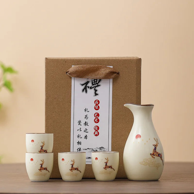 Sakura Blossom Ceramic Sake Gift Set – 5 Piece Sake Carafe and Cup Set