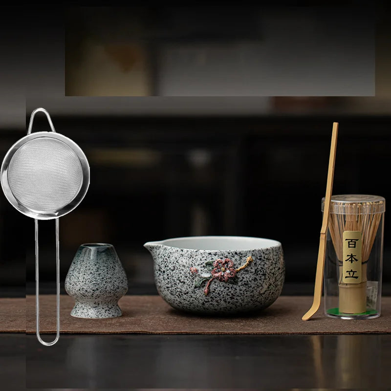 Blossom & Flecked Glaze Matcha Whisk Gift Set – Japanese Matcha Tea Set with Bamboo Whisk, Bowl & Accessories
