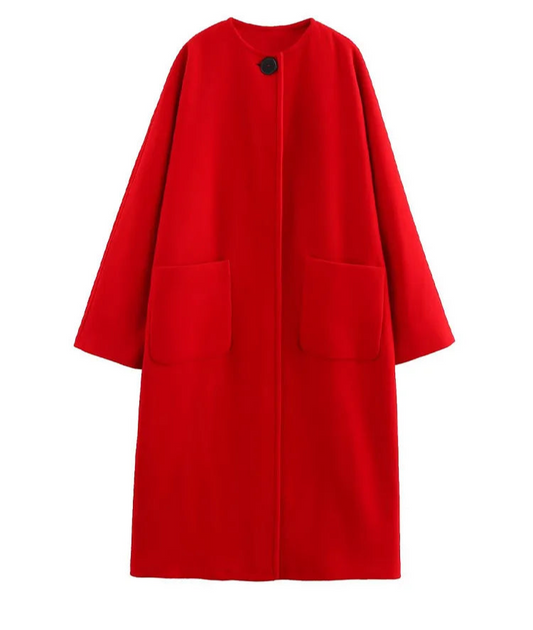 Velmira Oversized Red Maxi Coat – Single Button Statement Outerwear with Pockets