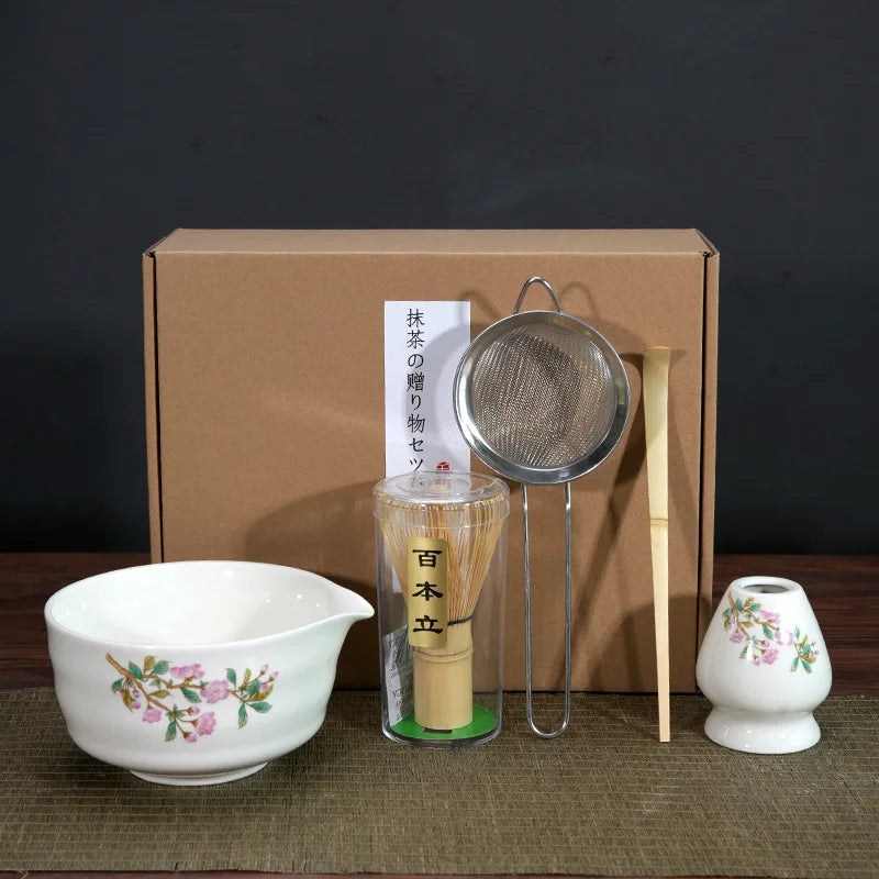 Traditional Japanese Matcha Tea Set – 5 Piece Sakura Matcha Bowl, Whisk, Scoop, Sieve & Holder Gift Kit