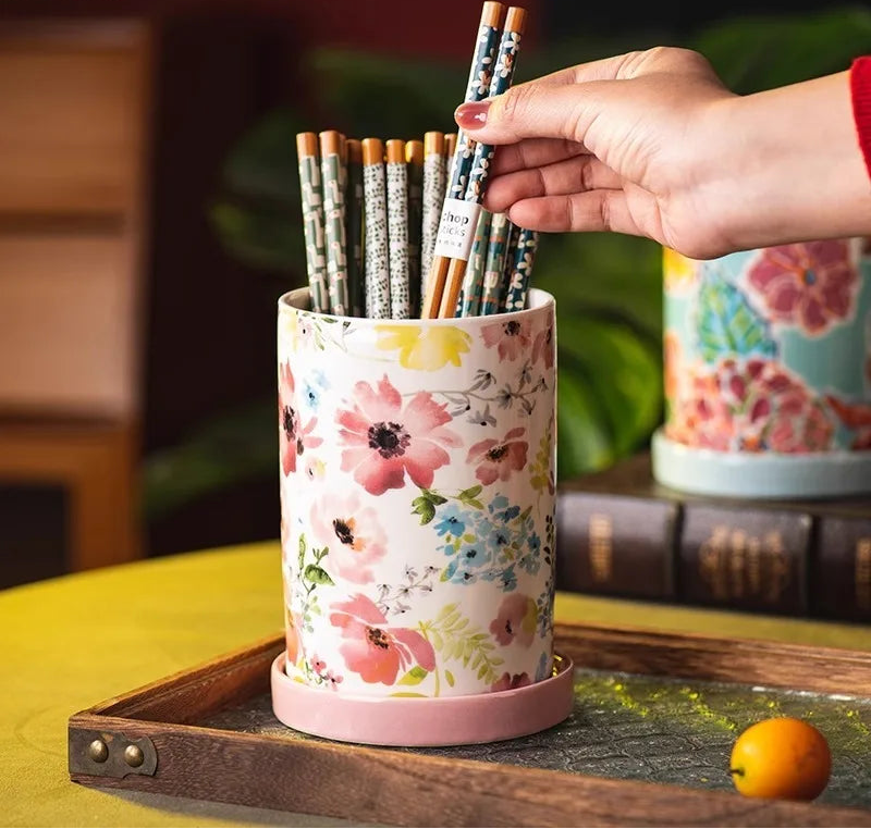 Florielle Ceramic Utensil Holder – Floral Kitchen Storage Jar with Removable Base Tray for Cutlery, Spoons and Countertop Organisation