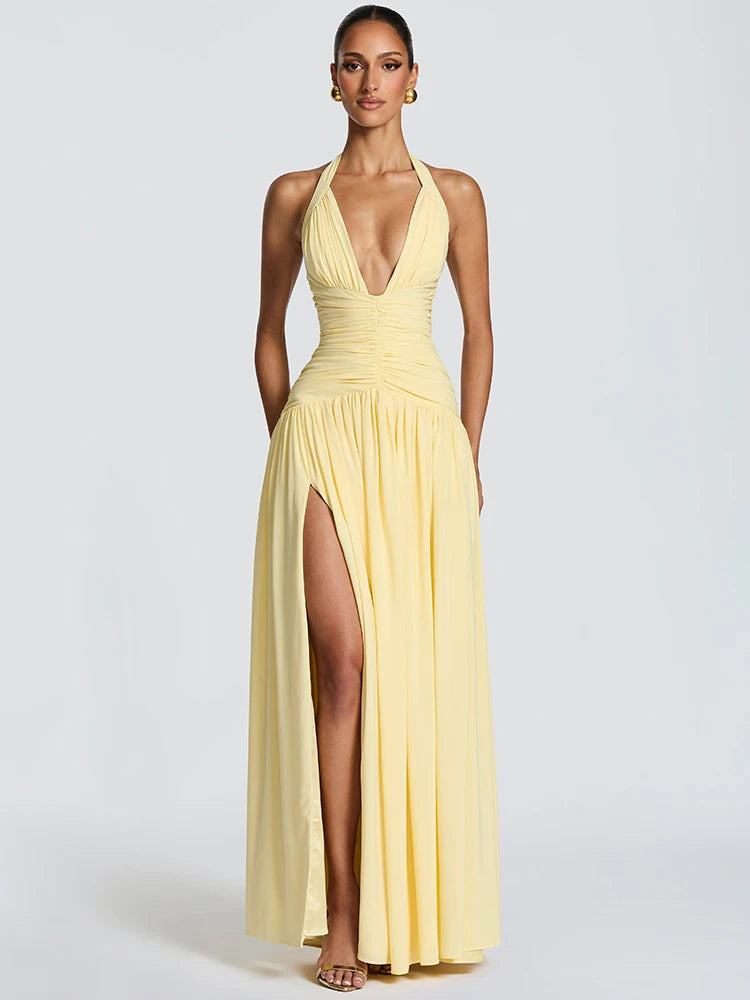 Elira Halter Neck Maxi Dress – Deep V Backless Evening Gown, Ruched High Split Wedding Guest Dress & Partywear