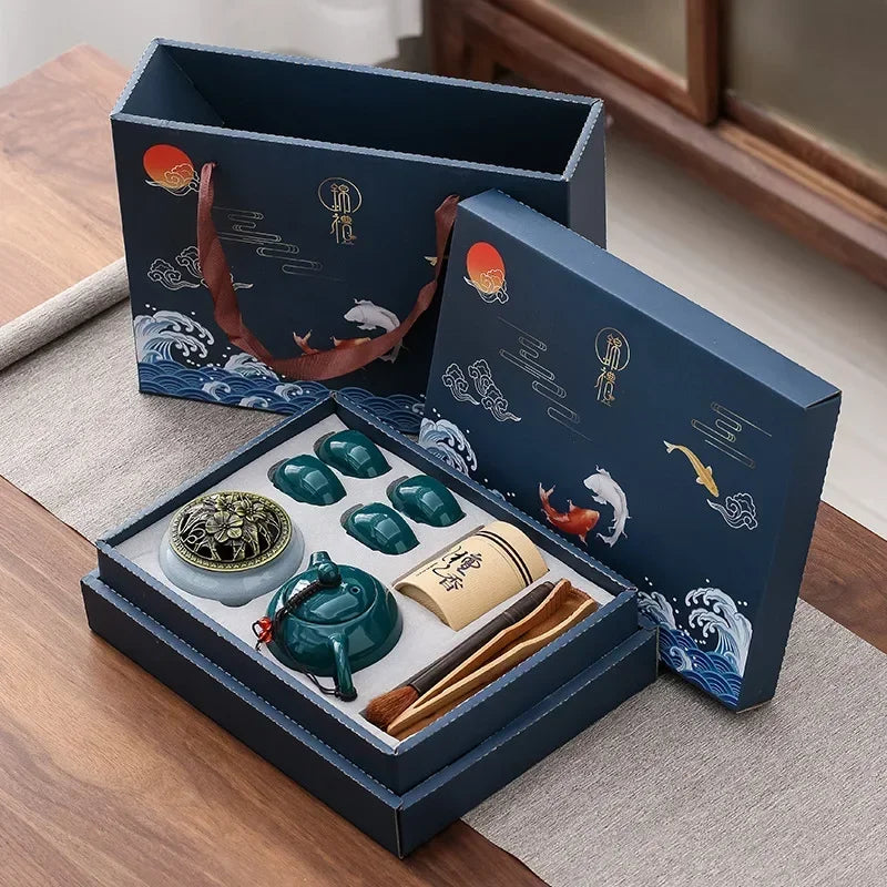 Ceramic Tea Set Gift Box with Teapot & Cups – Portable Travel Tea Brewing Kit