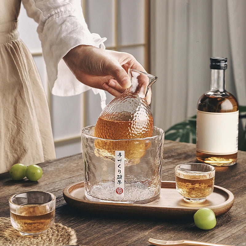 Japanese-Style Textured Glass Sake & Whisky Decanter Set – Frosted Glass Carafe with Matching Cups
