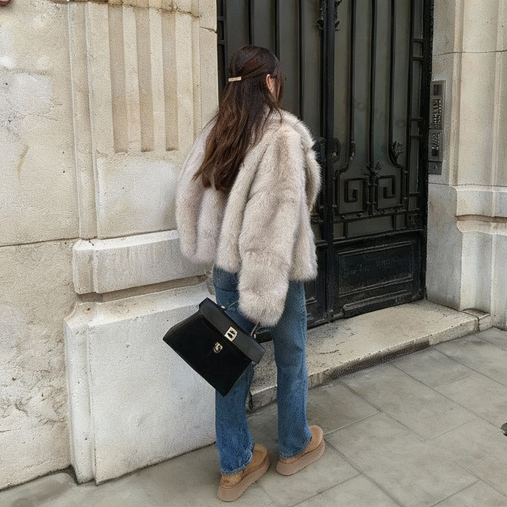 Mirellana Plush Faux Fur Coat – Women’s Oversized Luxury Winter Jacket with Wide Collar