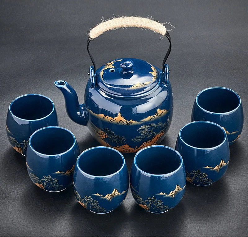 Luxury Ceramic Teapot and Cup Set with Bamboo Handle – Premium Japanese Style Tea Set for Home Entertaining & Perfect Gifting