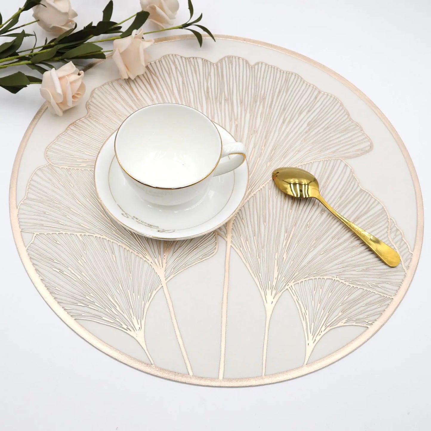 Ginkgo Leaf Round Dining Placemats – 6 Piece Set Non Slip Waterproof Table Mats 38cm Heat Resistant Wipe Clean Dining Table Mats