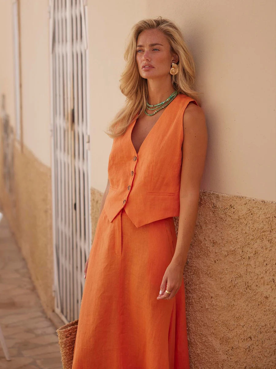 Arancia Orange Waistcoat & Maxi Skirt Co-Ord Set – Tailored Linen Two-Piece Summer Holiday Outfit for Women