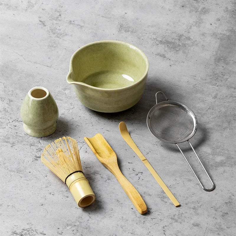 Matcha Tea Set with Ceramic Bowl & Bamboo Accessories – 4/5/6 Piece Traditional Japanese Matcha Kit in Sage Green