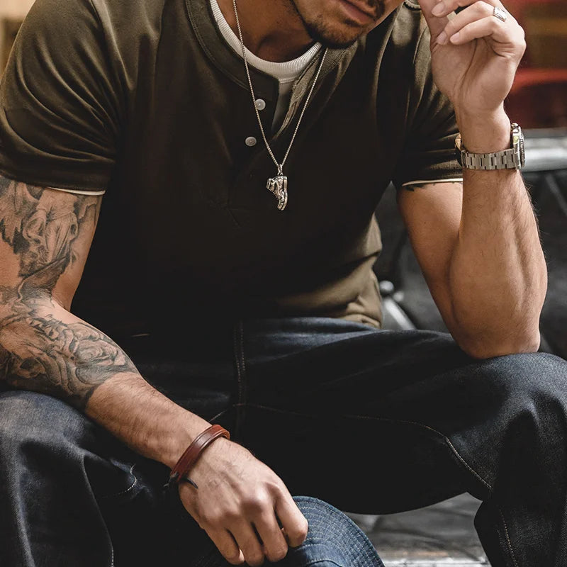 Henley Buttoned Short Sleeve T-Shirt – Premium Structured Fit Essential in Navy, Cream, Grey & Army Green