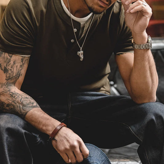 Henley Buttoned Short Sleeve T-Shirt – Premium Structured Fit Essential in Navy, Cream, Grey & Army Green