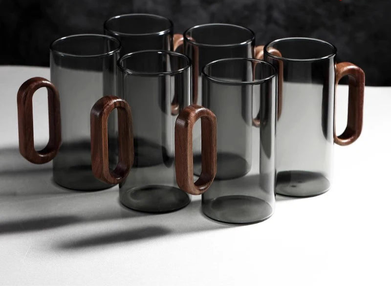 Clear Glass Tea Or Coffee Mugs with Modern Wooden Handle –2/4/6 Piece Heat-Resistant Cups Clear Or Black Set