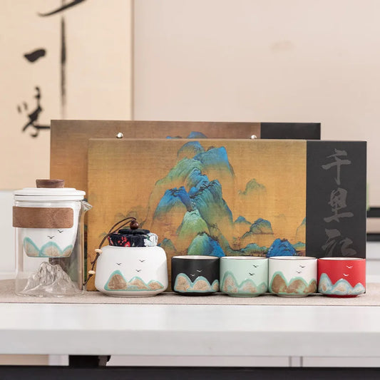 Hand-Painted Mountain Ceramic Tea Set with Tea Holder – 6-Piece Teapot & Four Cups Gift Box