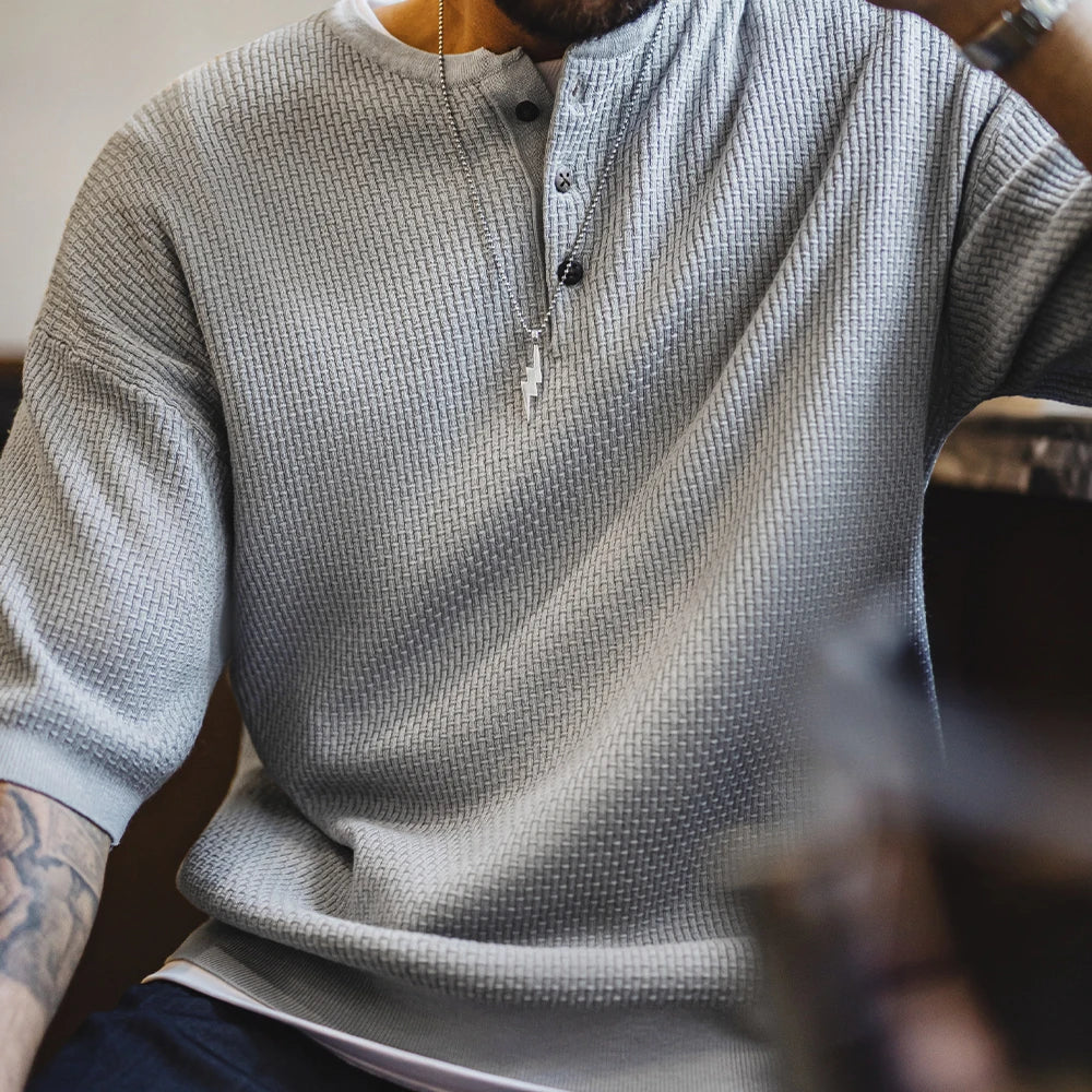 Caelus Men’s Waffle Knit Henley T-Shirt – Short Sleeve Button Neck Textured Tee in Light Grey