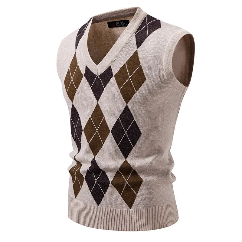 Men’s Argyle Knit Sleeveless Jumper Vest – Classic Diamond Pattern V-Neck Pullover