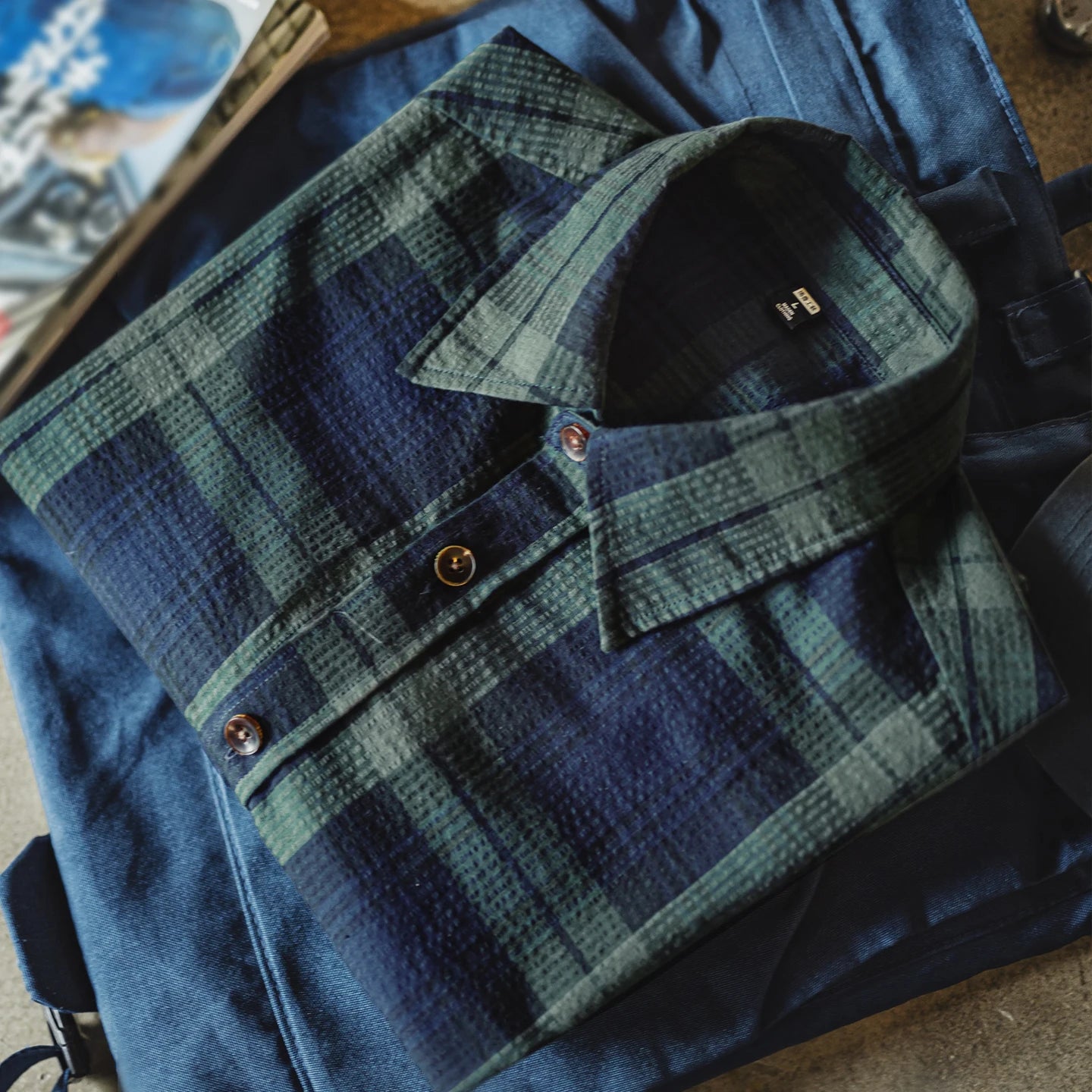 Denham Men’s Tartan Plaid Button-Up Shirt – Navy & Forest Green Long Sleeve Casual Check Shirt with Turn-Down Collar