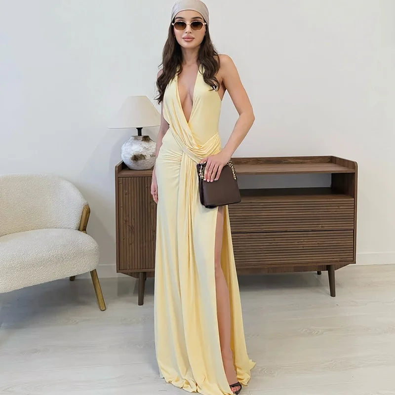 Serenelle Halter Neck Maxi Dress – Deep V Backless Evening Dress, Thigh Split Elegant Gown in Pink, Lemon & Black